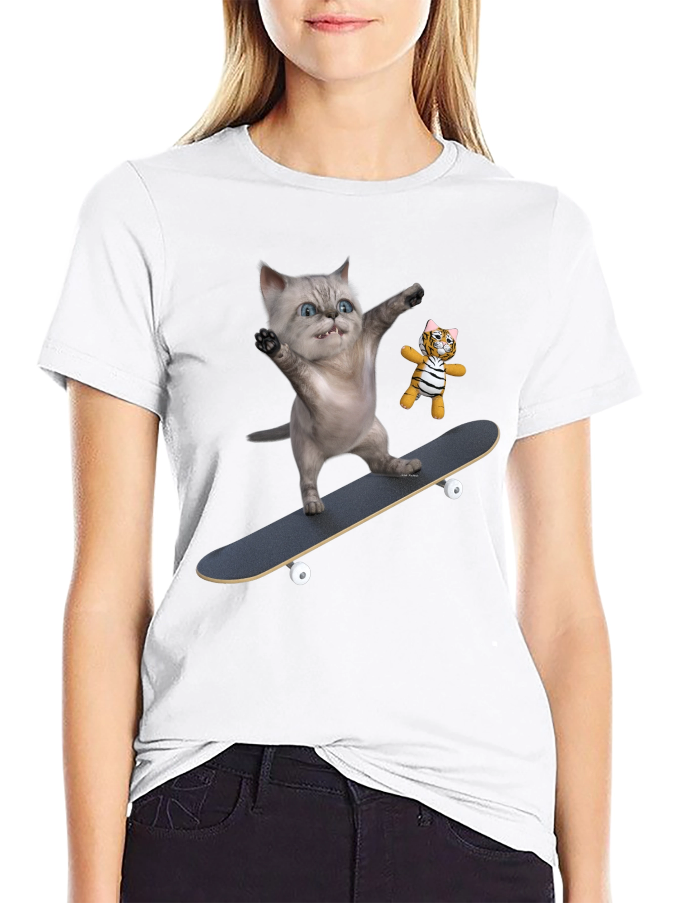 Black Cool Cat Skateboard T-Shirt - Unique Design view 9