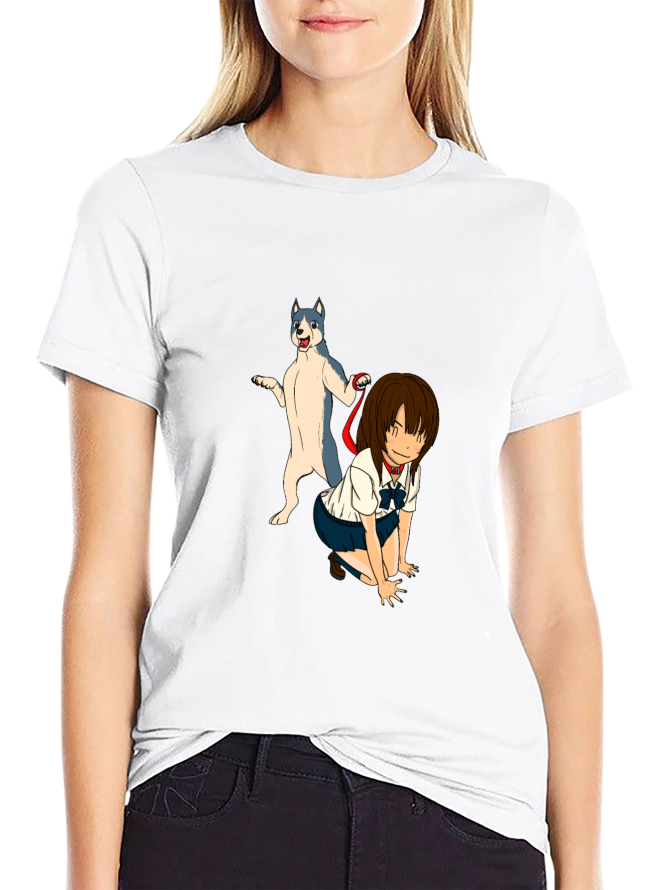 Black Anime Girl & Dog Graphic Black T-Shirt view 9