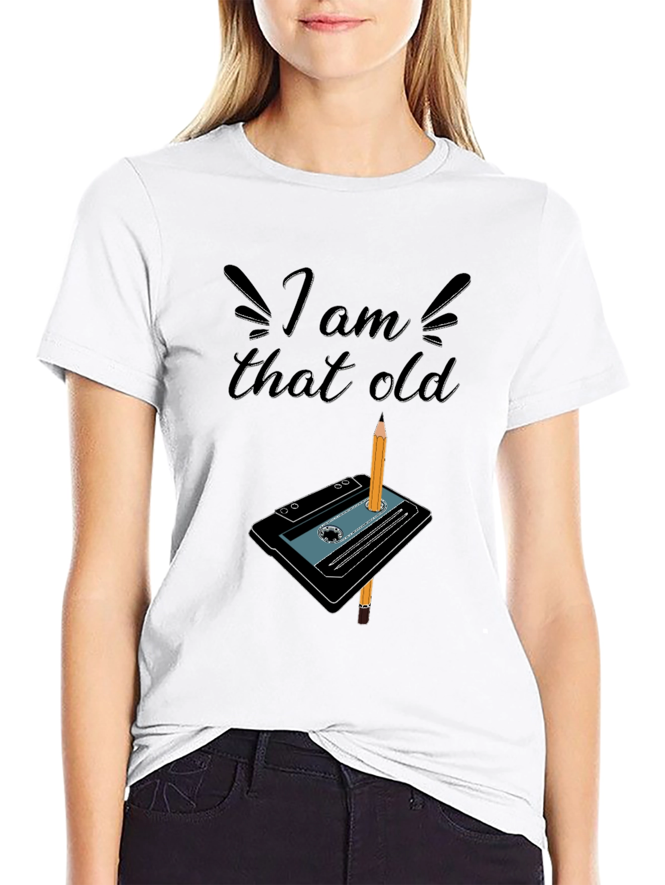 Black I Am That Old Cassette Tape & Pencil Graphic T-Shirt view 9