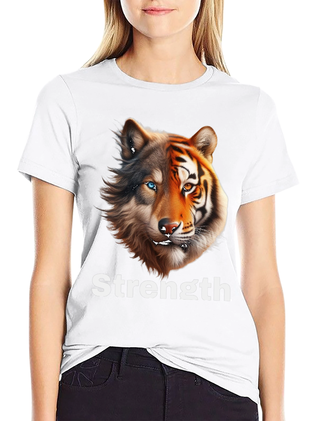 Black Strength Wolf Tiger Graphic Tee - Unique Animal Design view 9