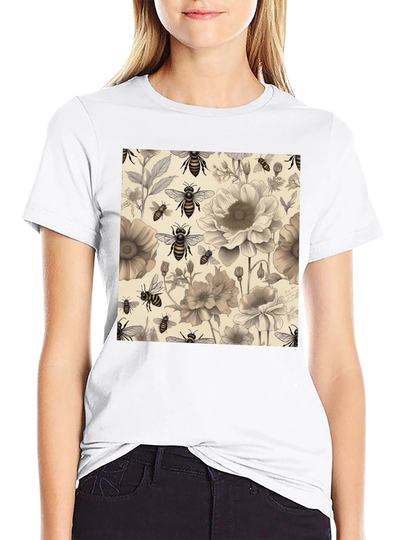 Black Floral Bee Print Black T-Shirt view 9