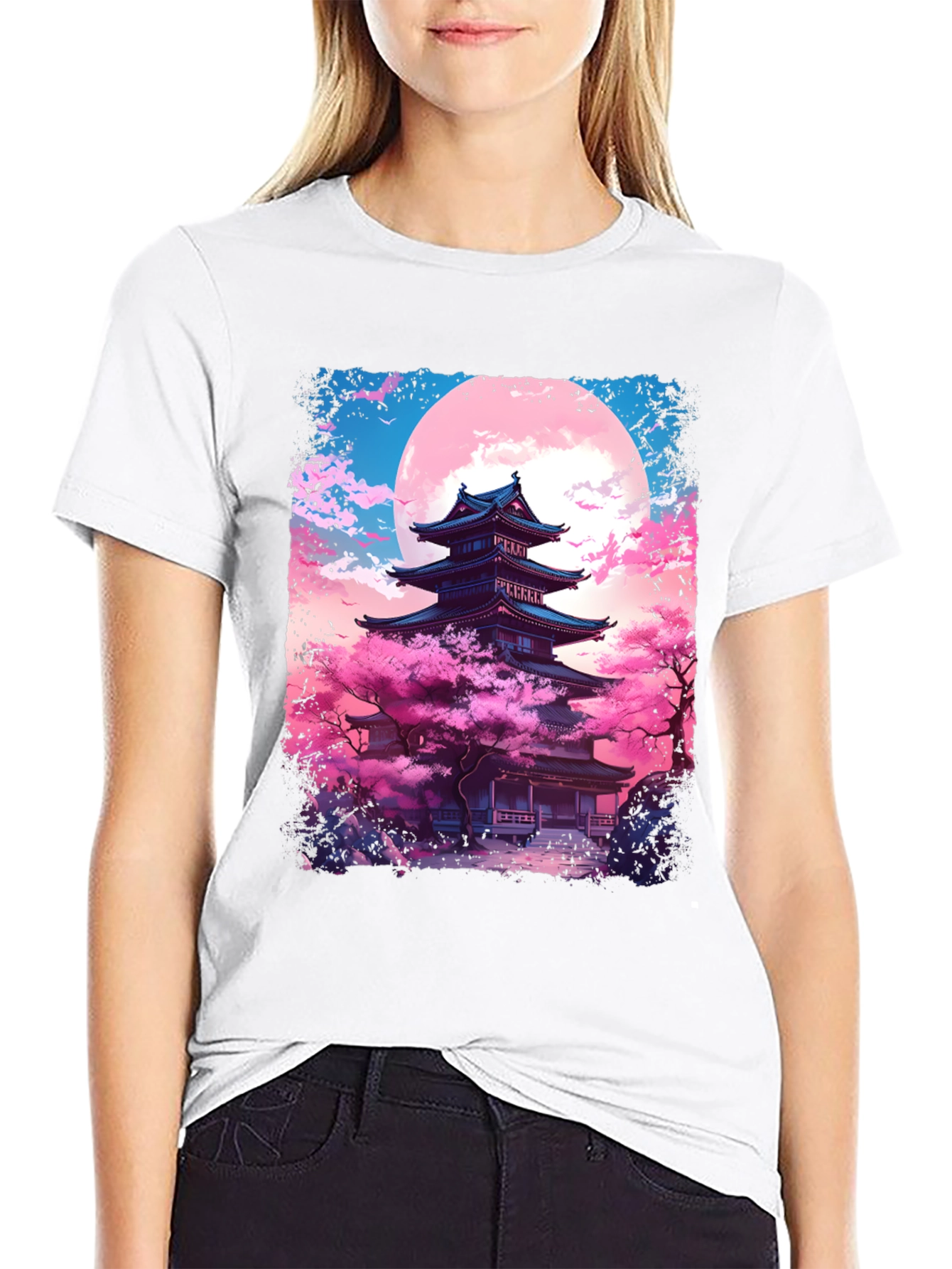 Black Japanese Temple Sakura Moon Men's Graphic Tee view 9