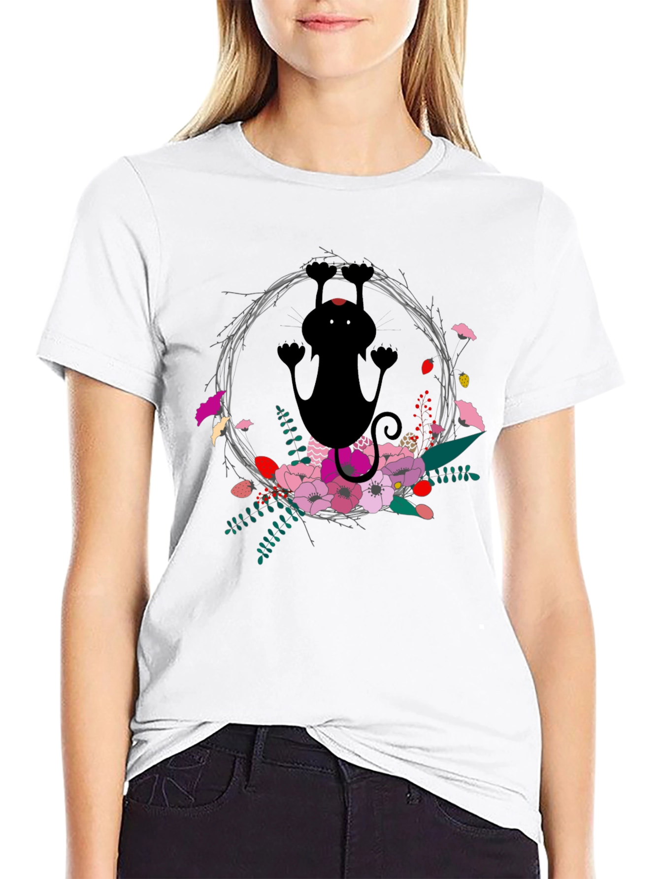 Black Floral Cat Black T-Shirt - Fun & Unique Design view 9
