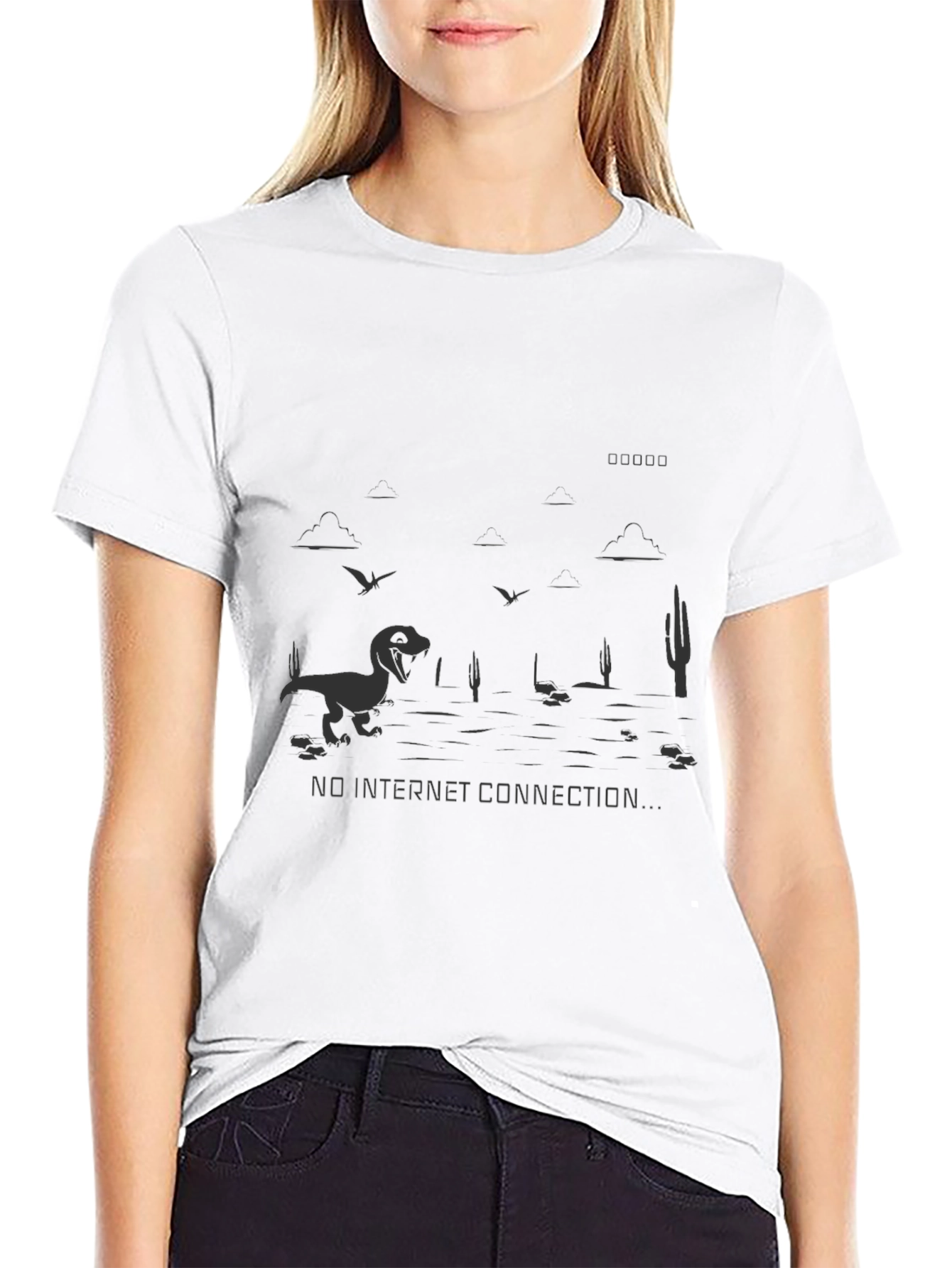 Black No Internet Dinosaur Black T-Shirt view 9
