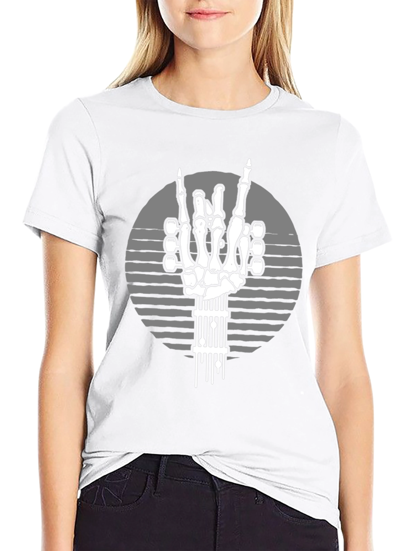 Black Rock On Skeleton Guitar Hand T-Shirt view 9