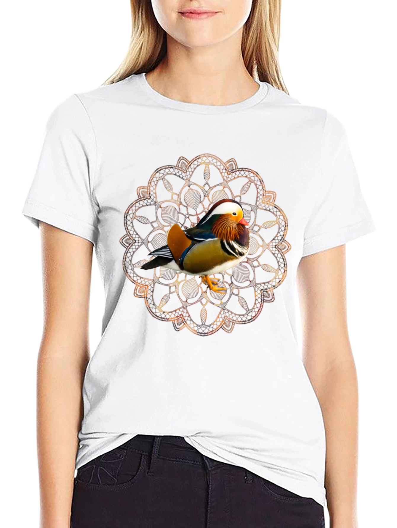 Black Mandarin Duck Mandala Graphic Tee - Stylish Men's T-Shirt view 9