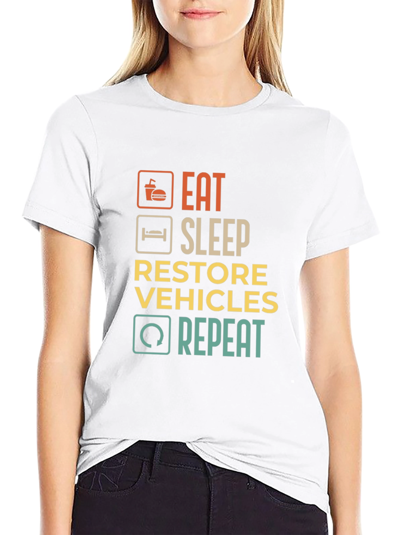 Black Eat Sleep Restore Vehicles Repeat Graphic T-Shirt view 9