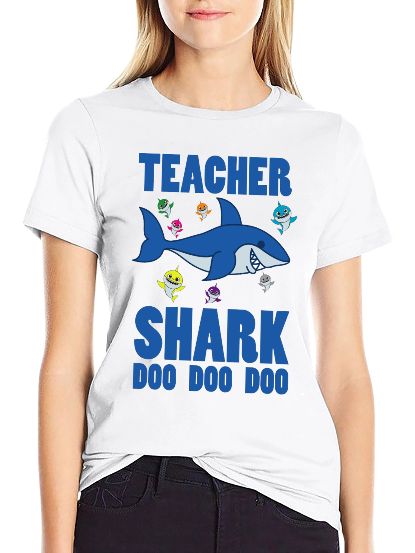 Black Teacher Shark T-Shirt - Doo Doo Doo - Black view 9