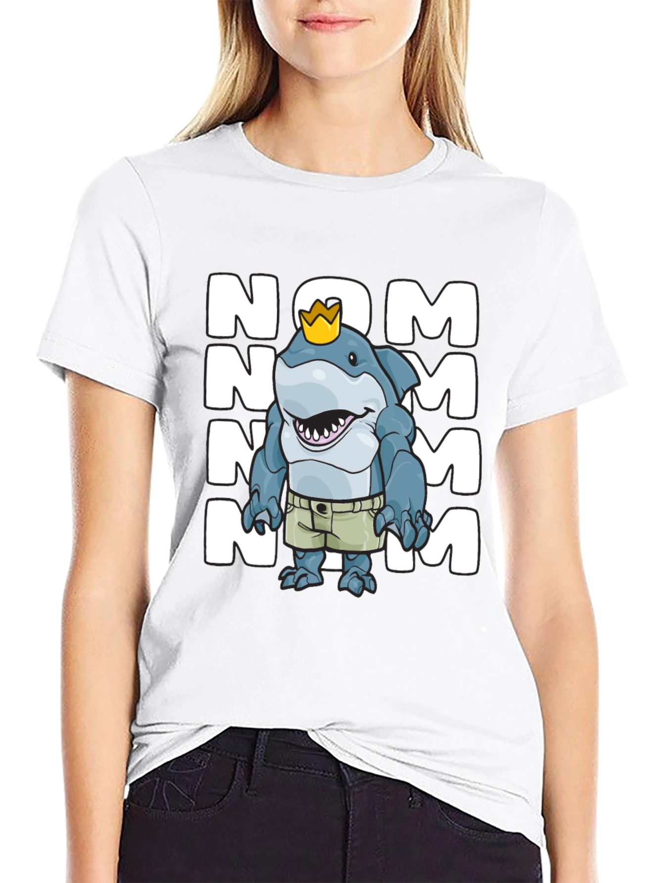 Black Nom Shark T-Shirt - Funny Cartoon Shark Graphic Tee view 9