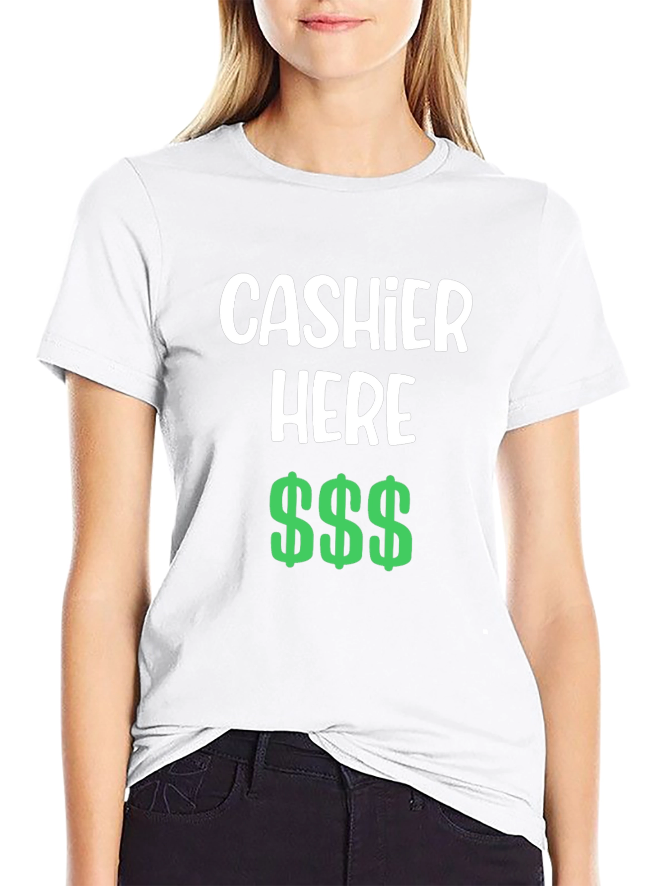 Black Cashier Here Funny T-Shirt - Black Crew Neck Tee view 9