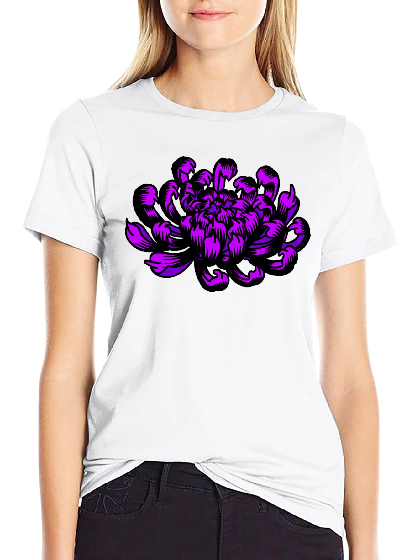 Black Black T-Shirt with Purple Flower Design view 9