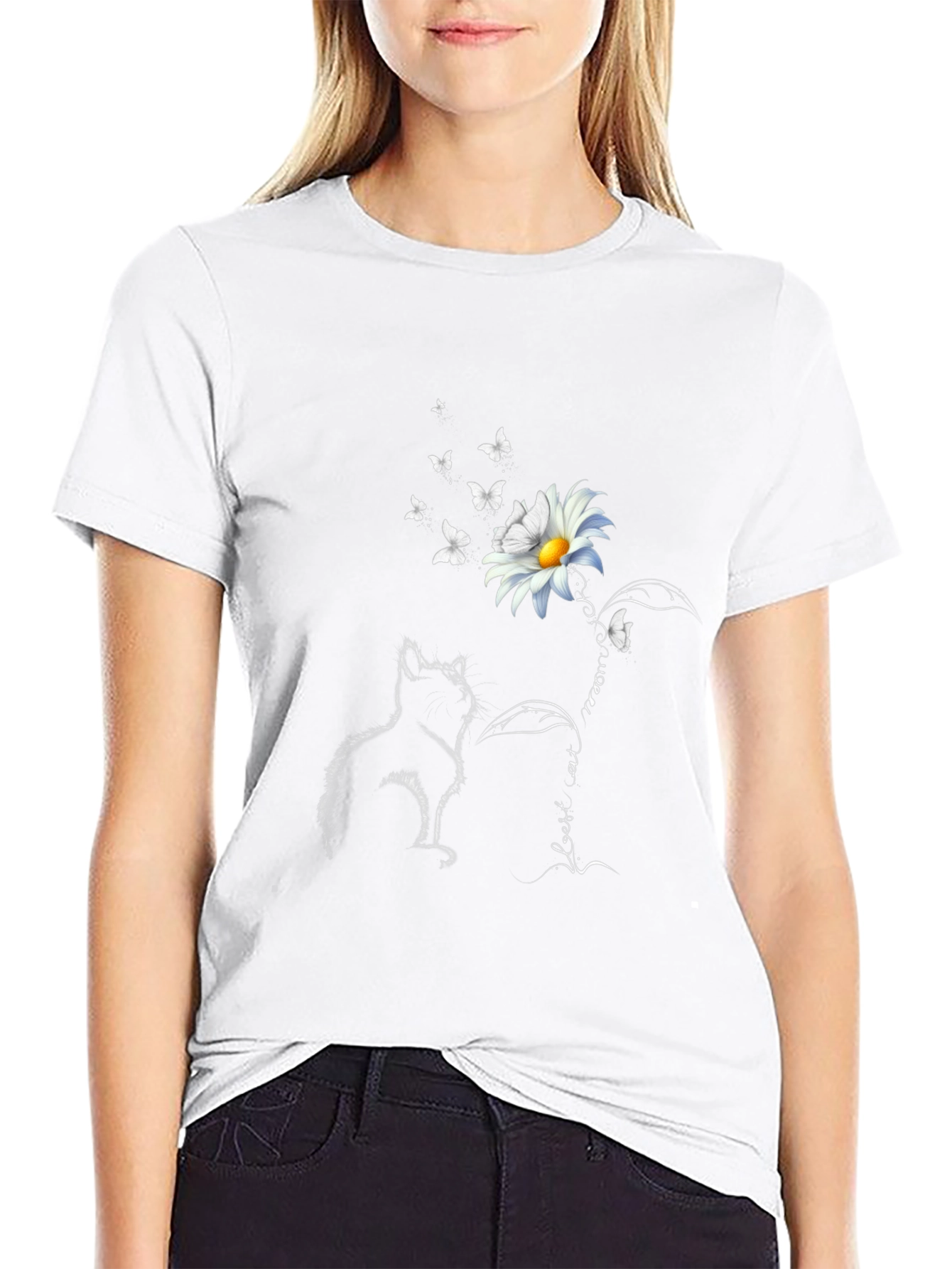 Black Cat & Daisy T-Shirt: Black Tee with Unique Graphic view 9