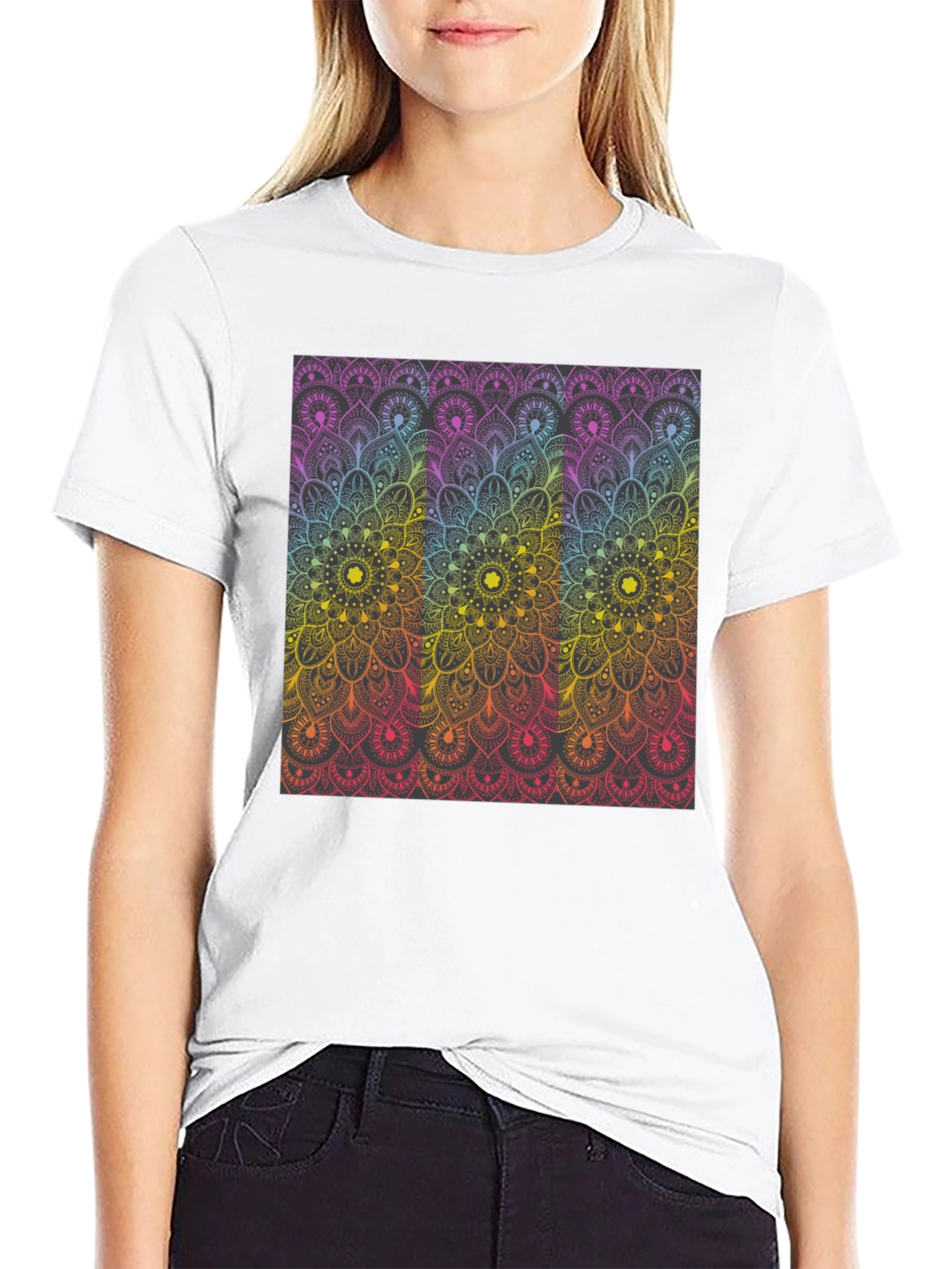 Black Colorful Mandala Graphic Print Black T-Shirt view 9