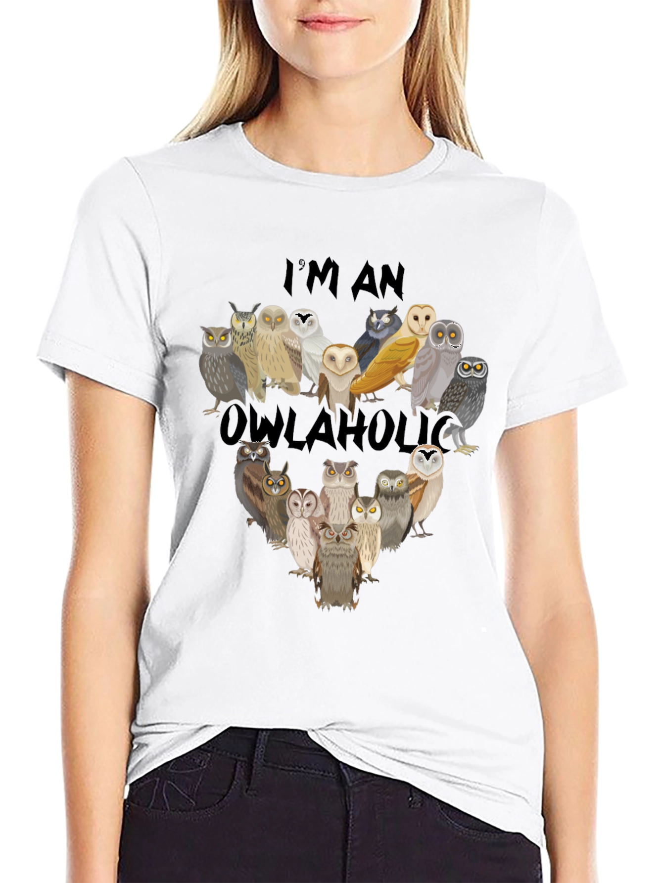 Black Owl Lover T-Shirt - "I'm an Owlaholic" Graphic Tee view 9