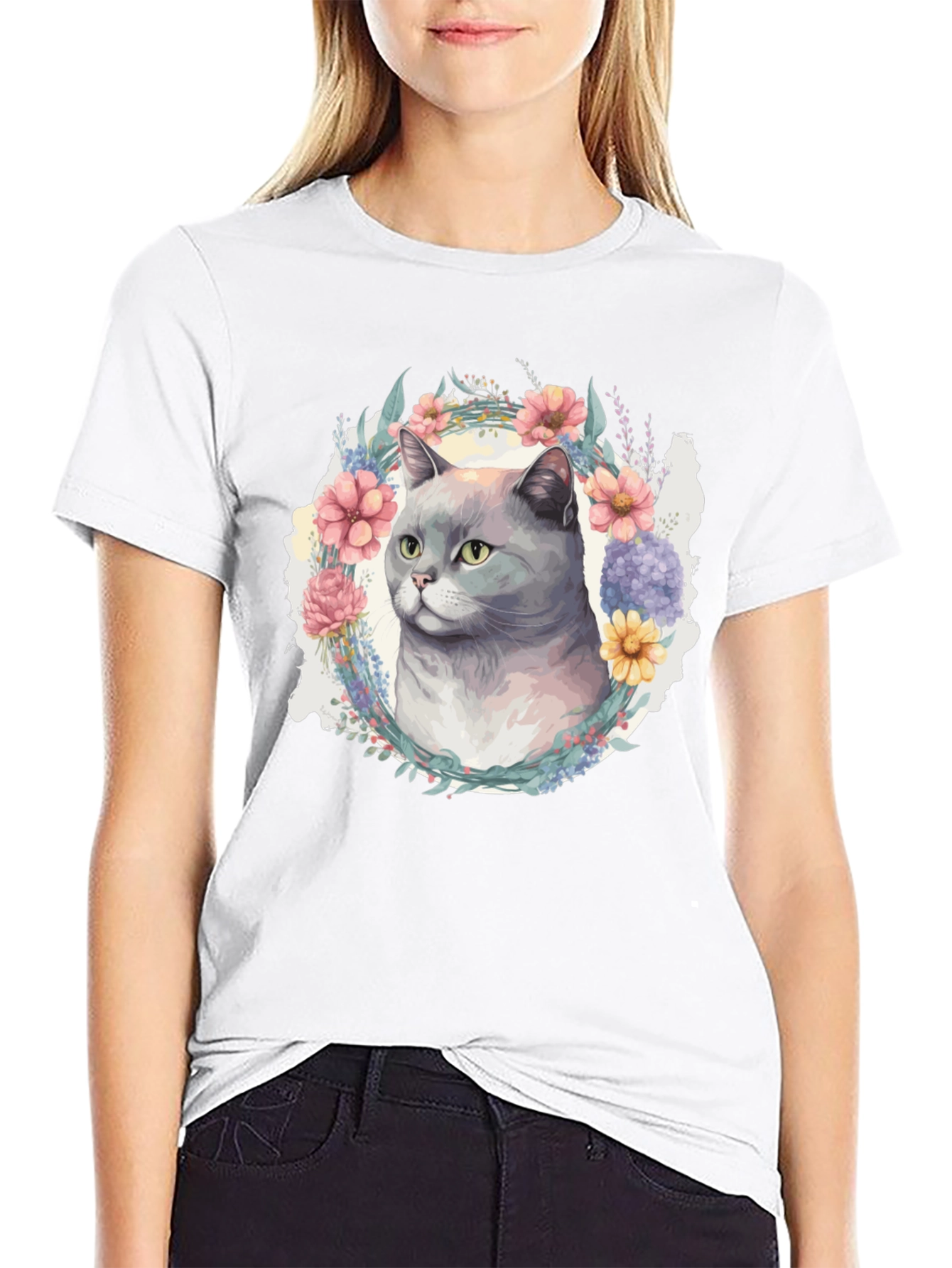 Black Floral Cat T-Shirt - Soft Cotton Blend view 9