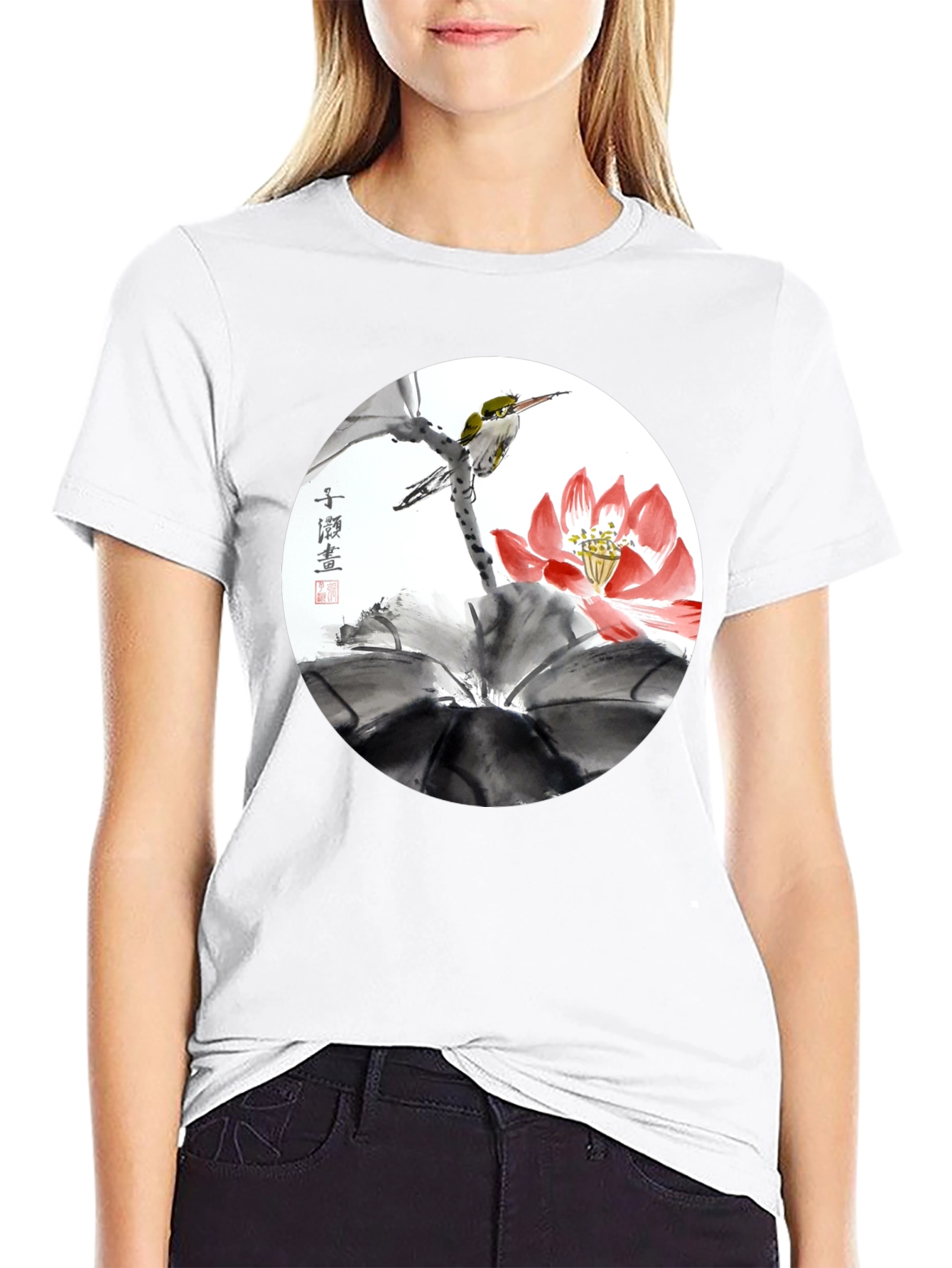Black Artistic Bird & Lotus T-Shirt view 9