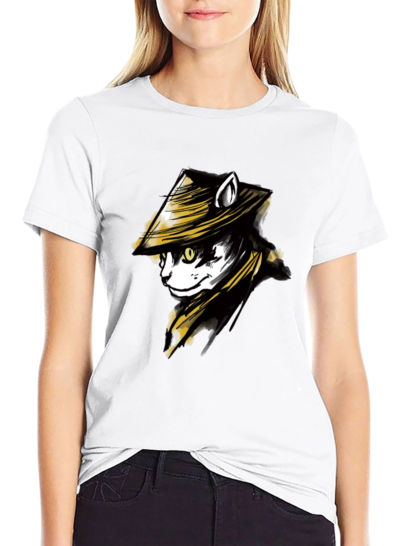 Black Black T-Shirt with Cat Samurai Graphic view 9
