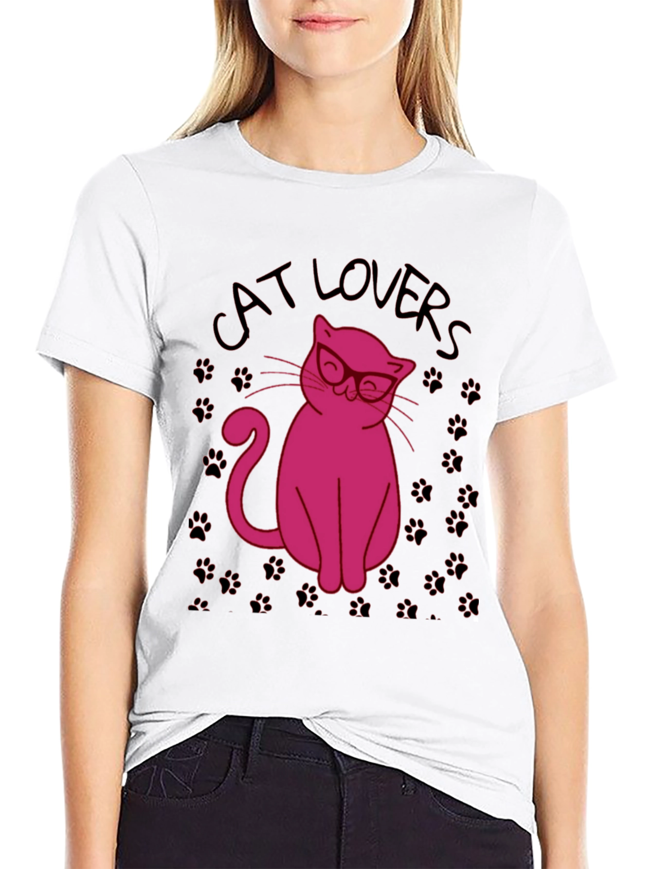 Black Cat Lovers T-Shirt - Pink Cat with Glasses Design view 9