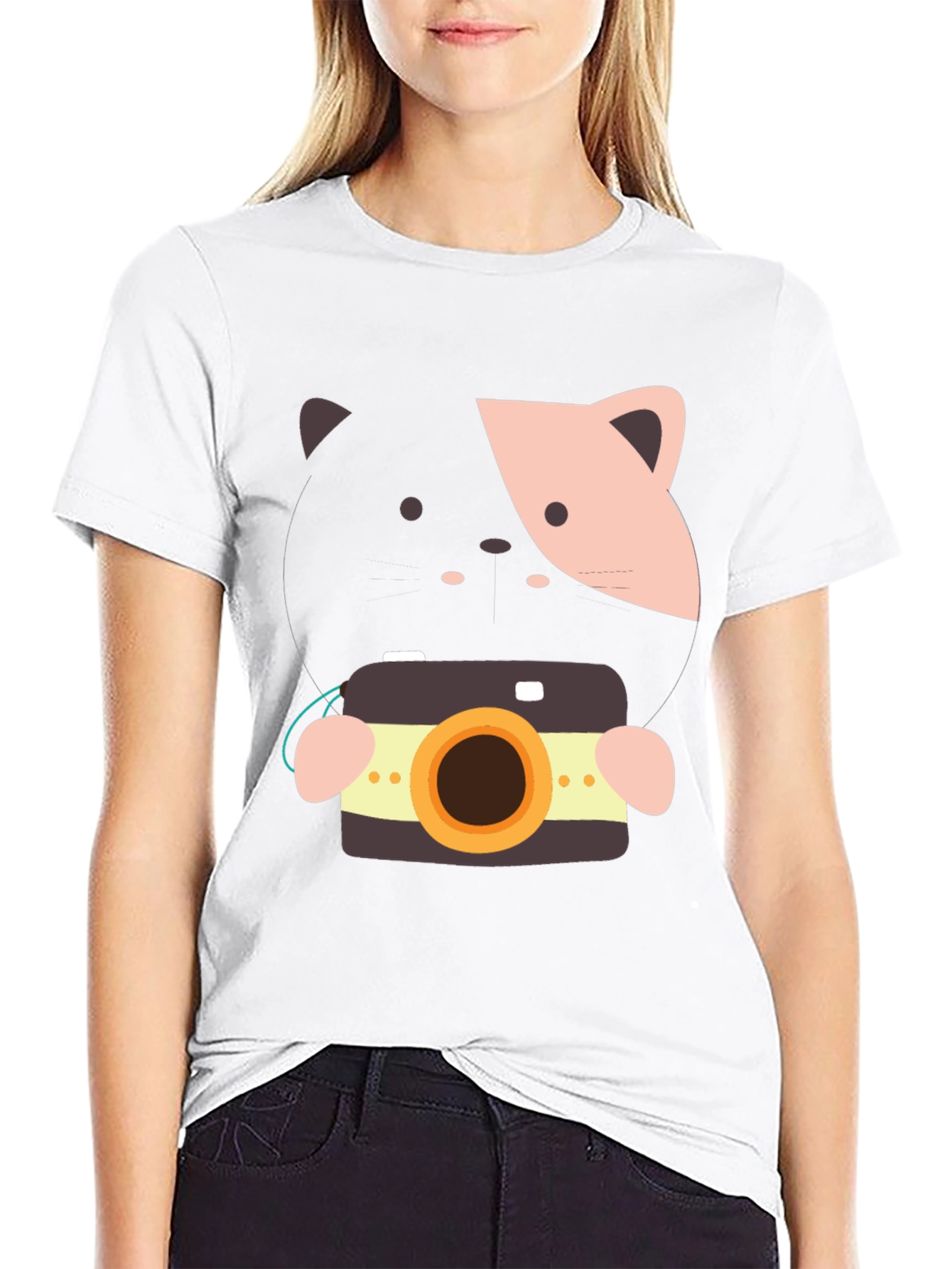 Black Cute Cat with Camera Graphic Tee - Soft Cotton Blend view 9