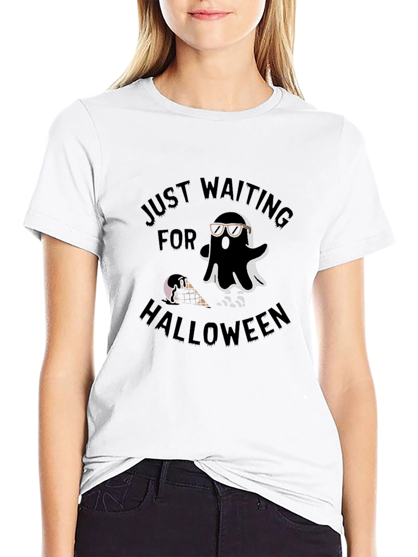 Black Just Waiting For Halloween Ghost T-Shirt view 9