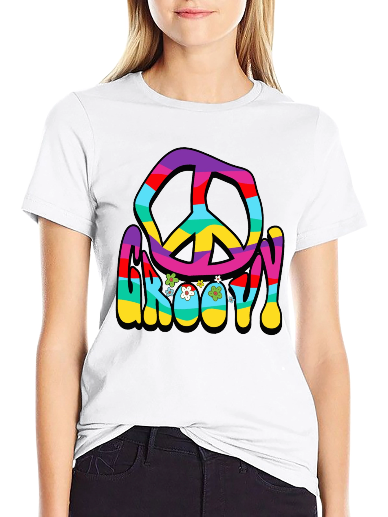 Black Groovy Peace Sign Graphic T-Shirt view 9