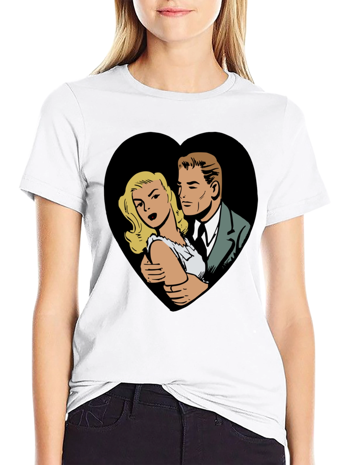 Black Retro Comic Couple Heart Graphic T-Shirt - Black view 9
