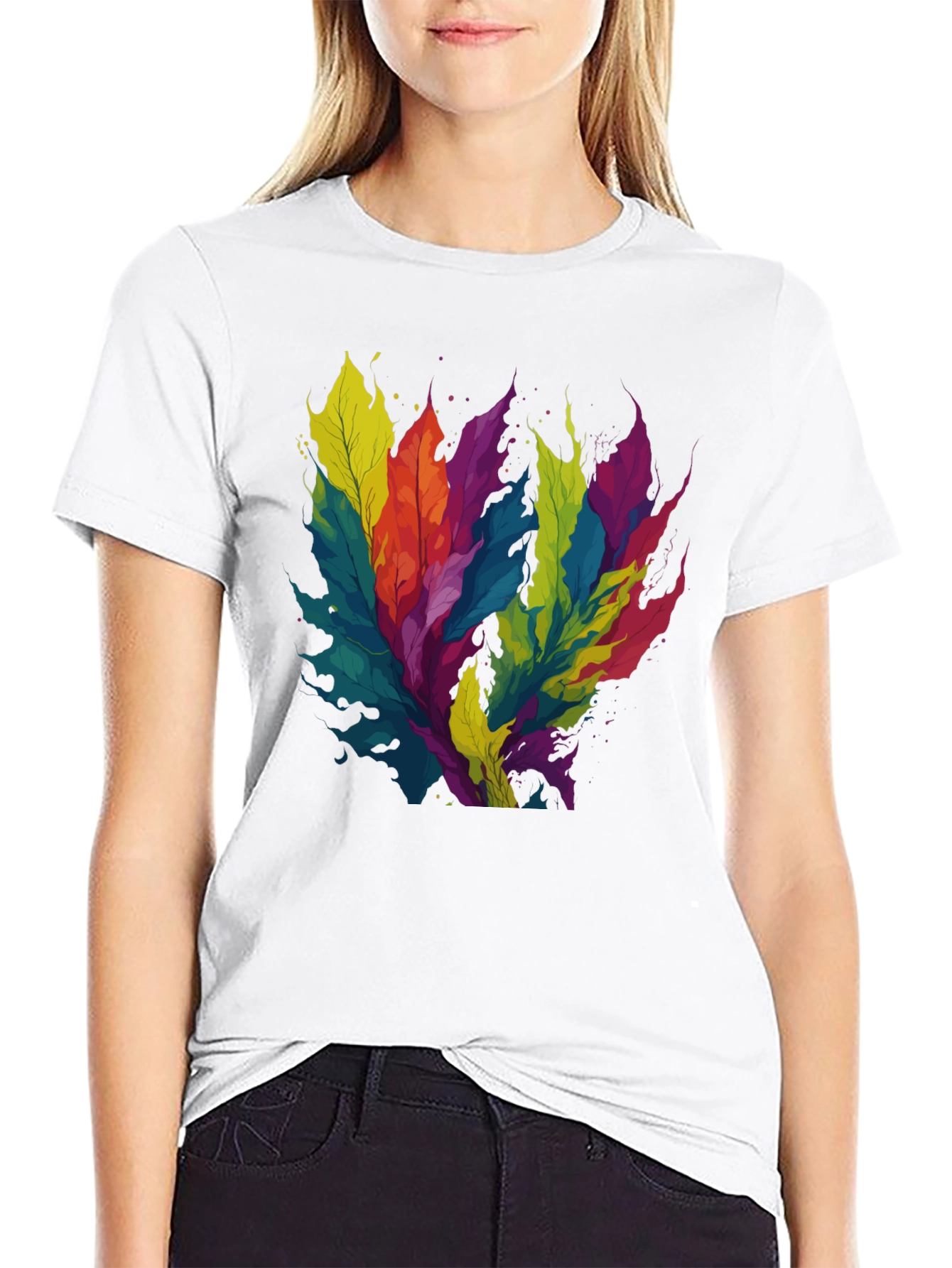 Black Colorful Leaf Design Black T-Shirt view 9