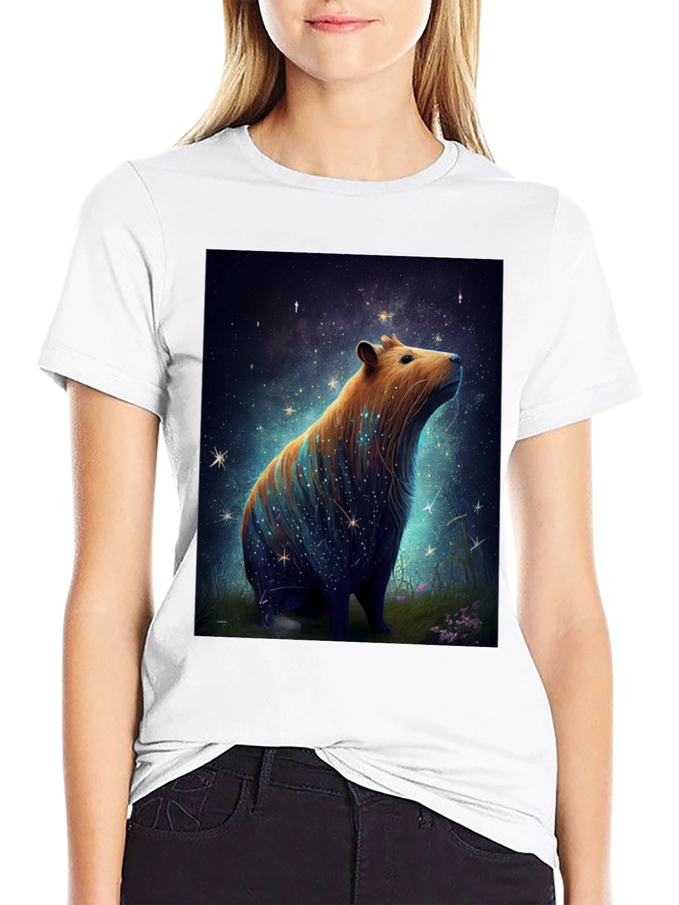 Black Starry Capybara Graphic Tee - Unisex Black T-Shirt view 9