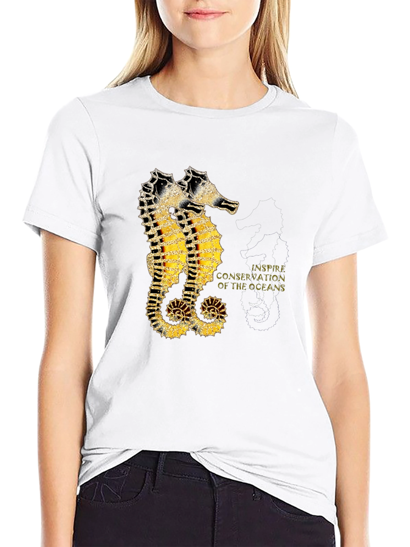 Black Seahorse Inspire Oceans Conservation Black T-Shirt view 9