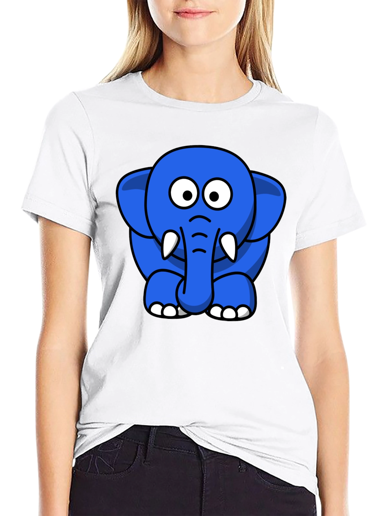 Black Cute Blue Cartoon Elephant Black T-Shirt view 9