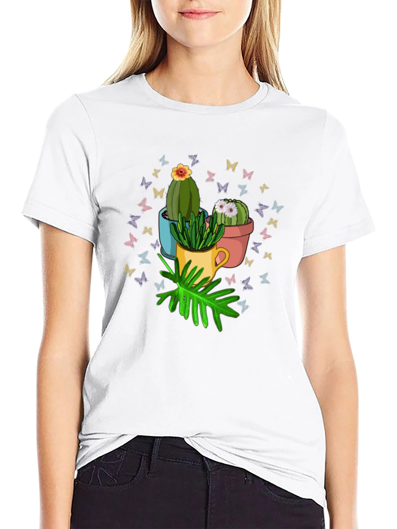 Black Cactus & Butterfly Graphic T-Shirt - Nature Lover Tee view 9