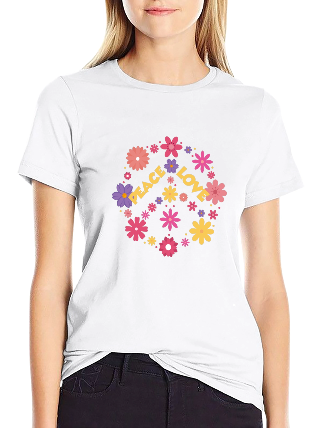 Black Peace Love Flower Graphic T-Shirt view 9