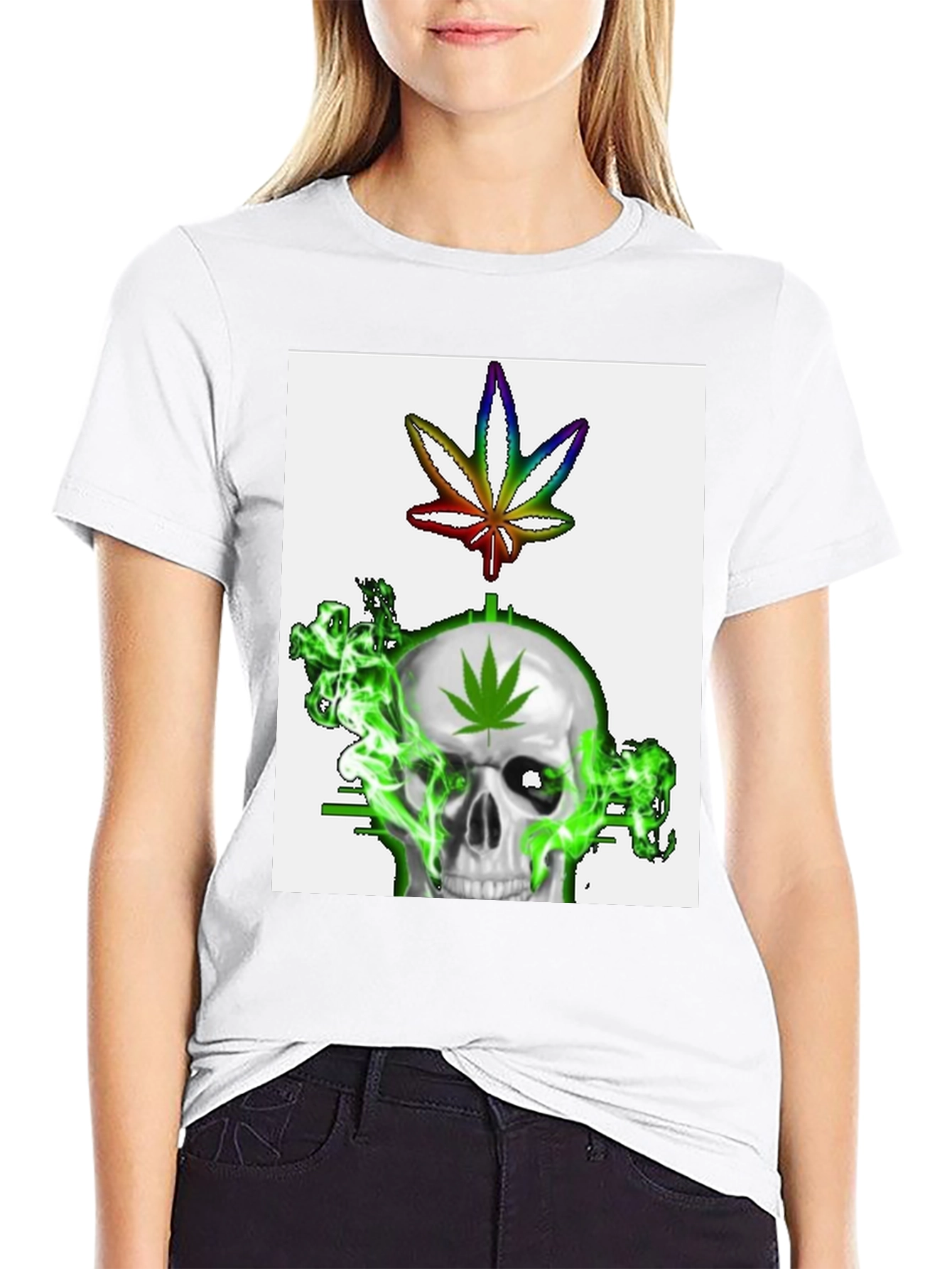 Black Skull & Weed Leaf Graphic T-Shirt view 9