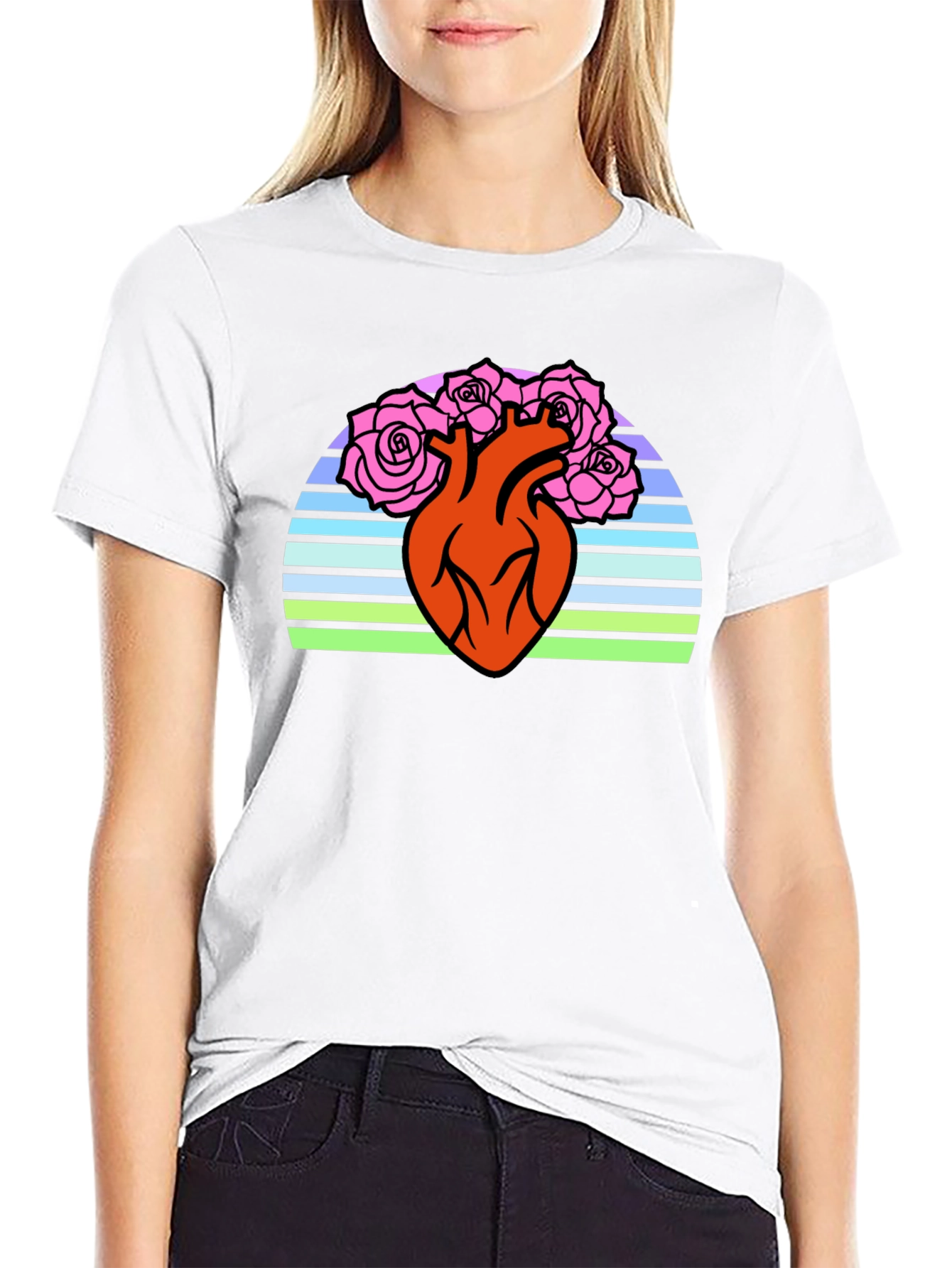 Black Anatomical Heart & Roses Graphic T-Shirt - Black view 9