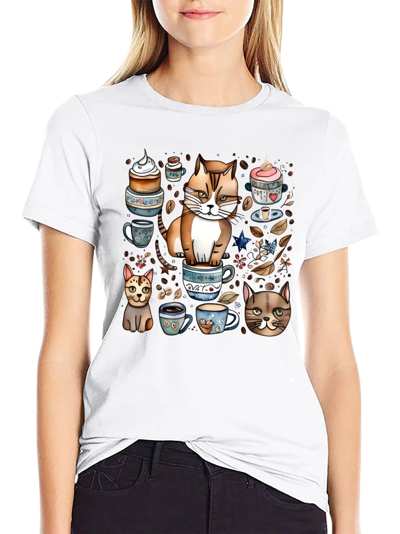 Black Cat & Coffee Lover T-Shirt - Cute Cartoon Design view 9
