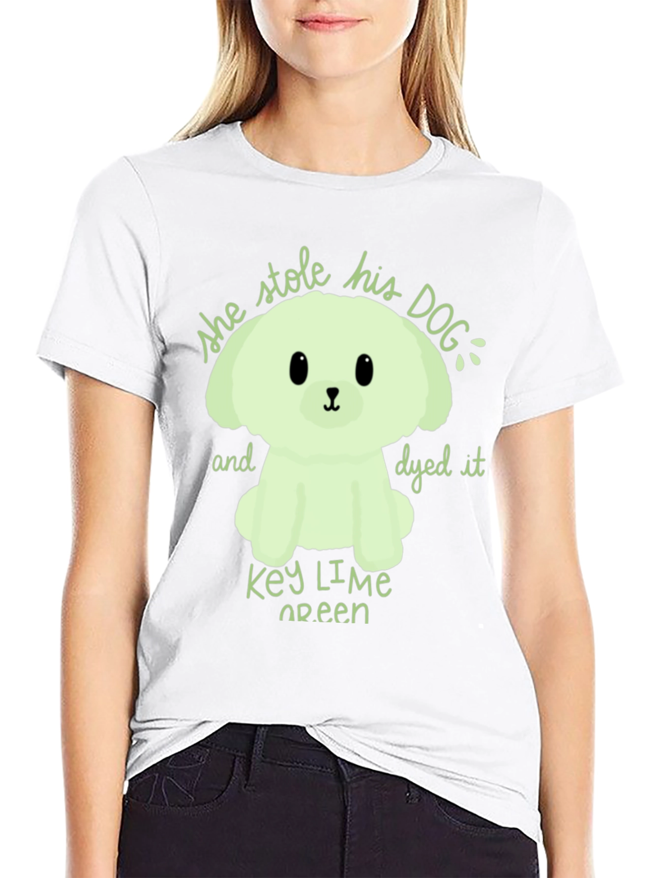 Black Key Lime Green Dog T-Shirt - 'She Stole His Dog' Graphic Tee view 9