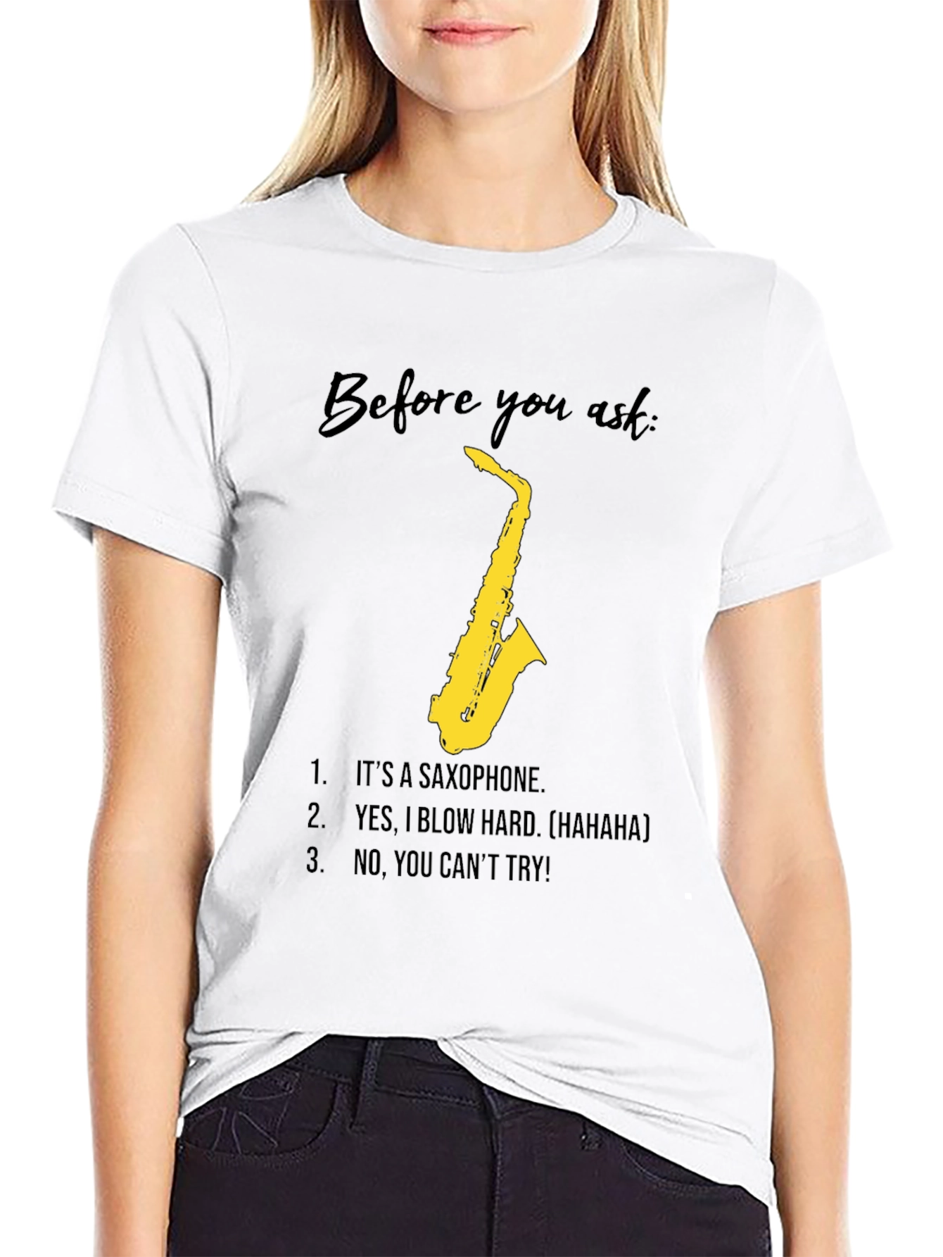 Black Saxophone Player Humor T-Shirt - Blow Hard, Can't Try! view 9