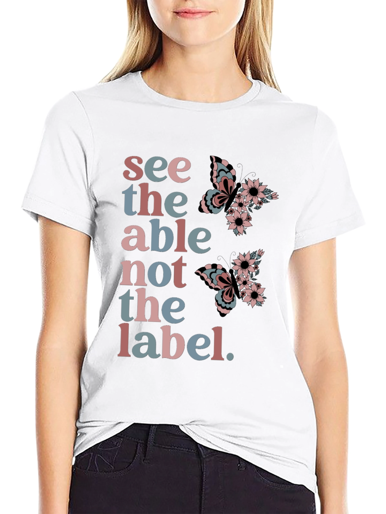 Black See the Able T-Shirt: Butterfly Floral Design view 9