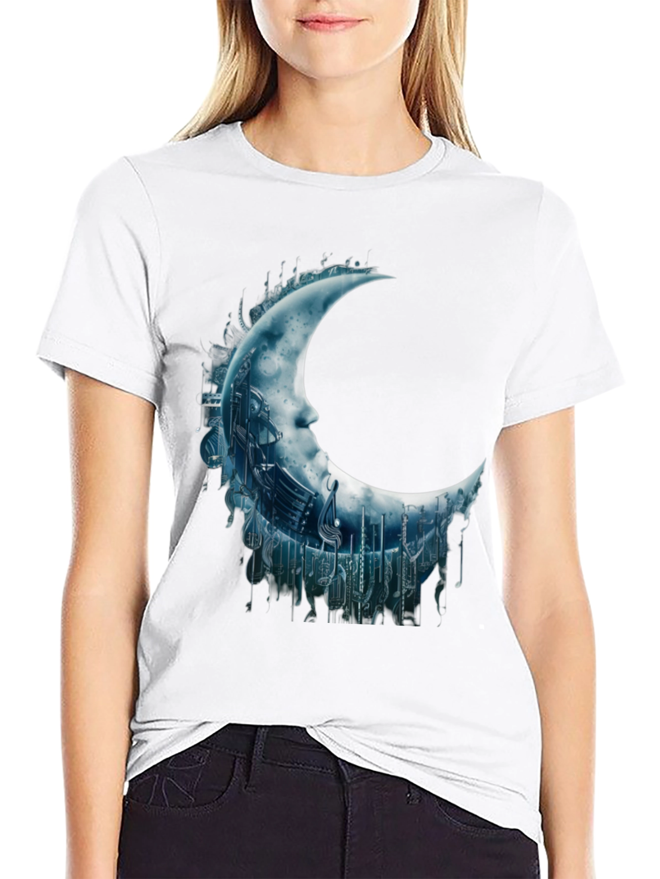 Black Crescent Moon Music Note Graphic Tee - Black view 9