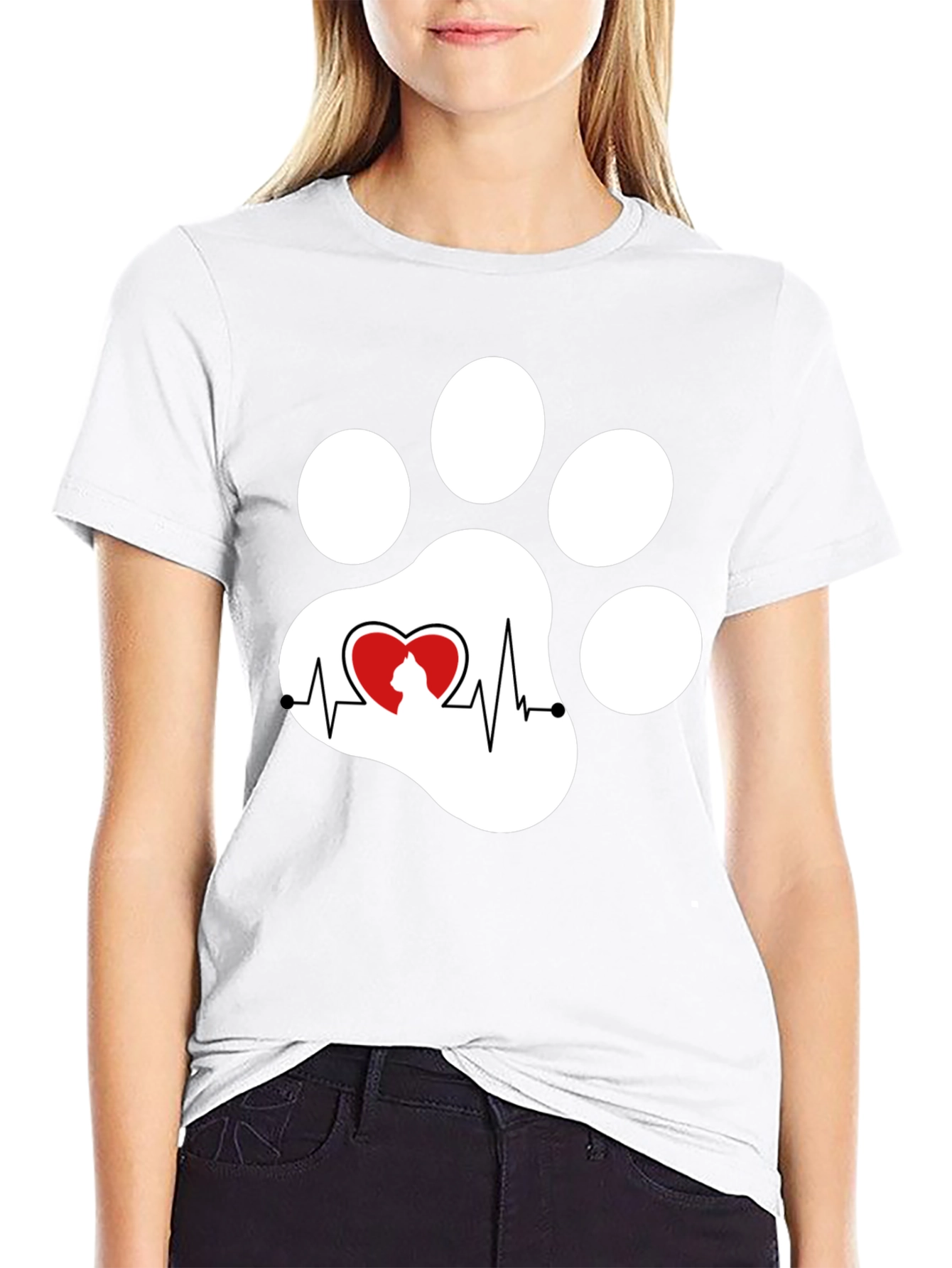 Black Black Cat Paw Heartbeat T-Shirt view 9