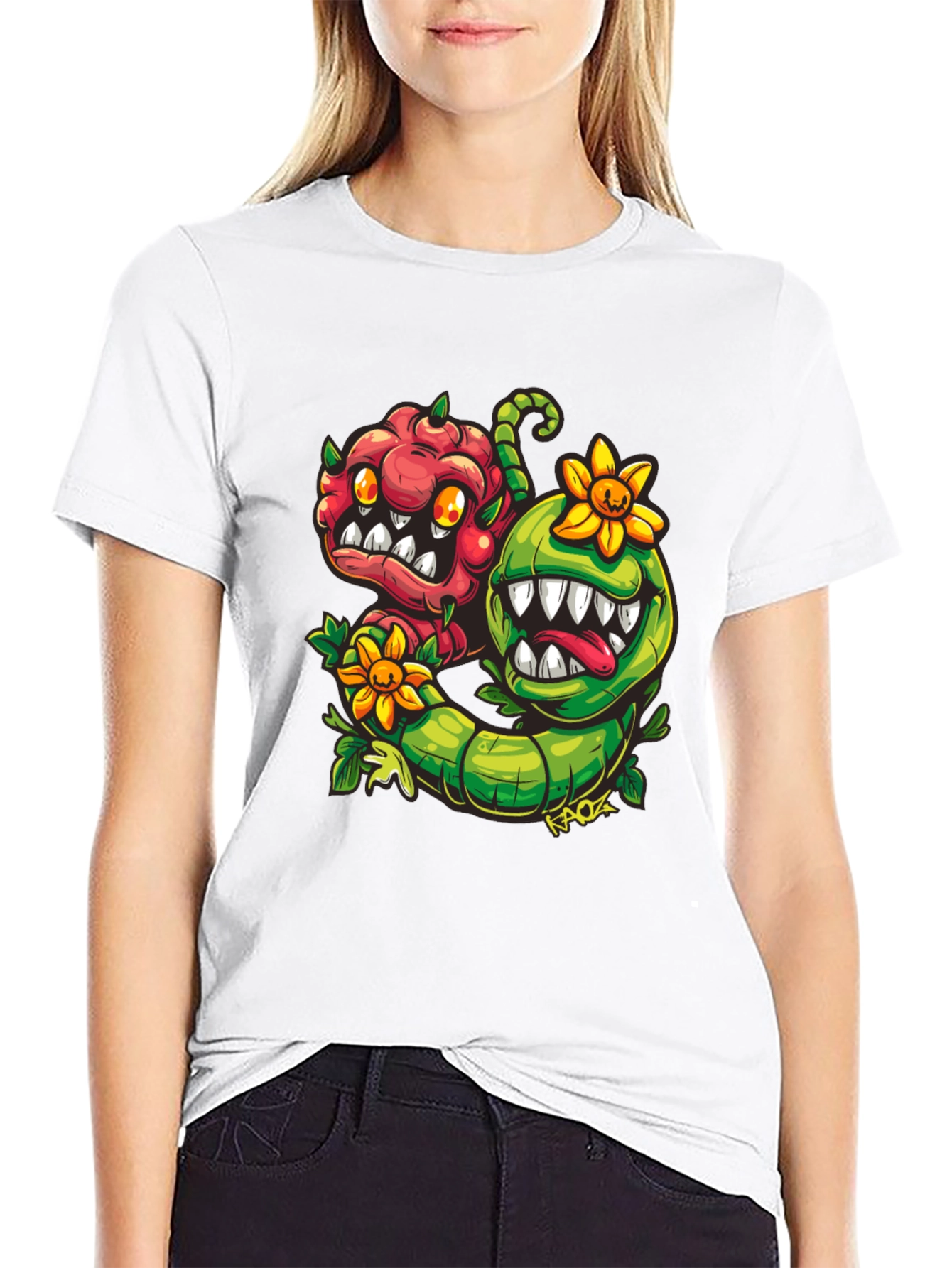 Black Cartoon Monster Plant T-Shirt - Black view 9