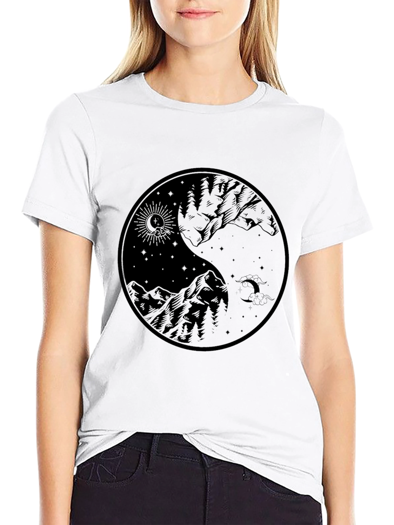 Black Yin Yang Mountain Graphic Tee - Black view 9