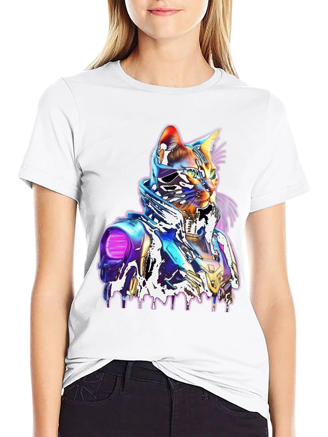 Black Cyberpunk Cat T-Shirt - Unique Futuristic Style view 9