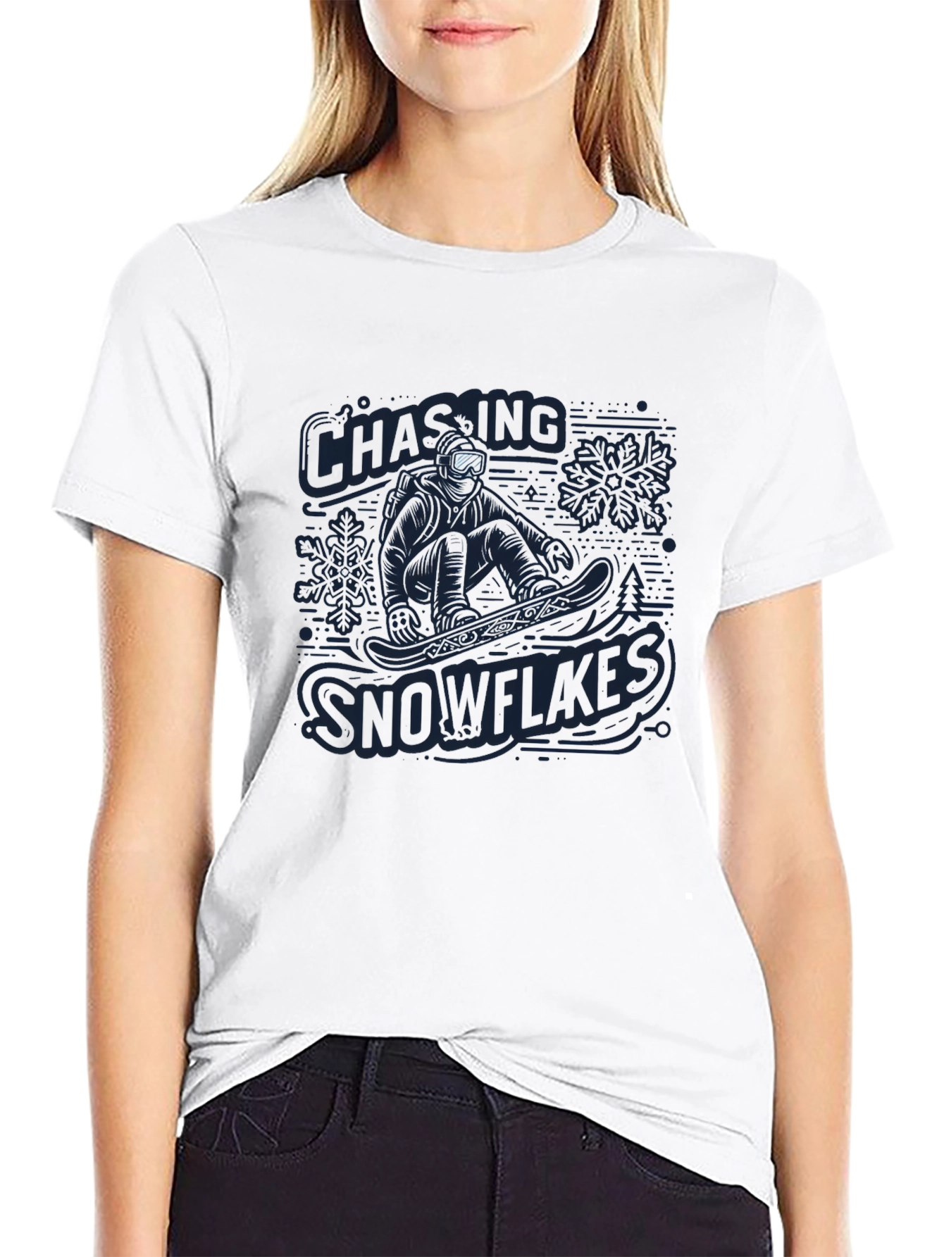 Black Snowflakes Chasing Graphic T-Shirt - Men's Black Crew Neck view 9