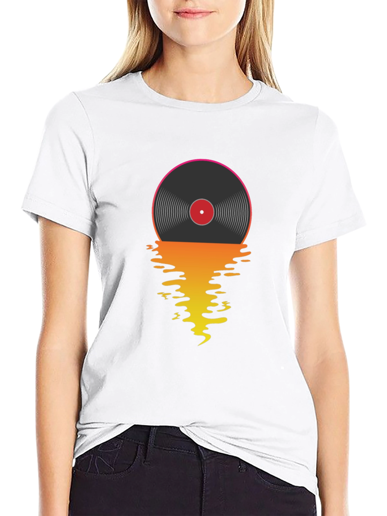 Black Retro Vinyl Record Sunset Graphic T-Shirt view 9