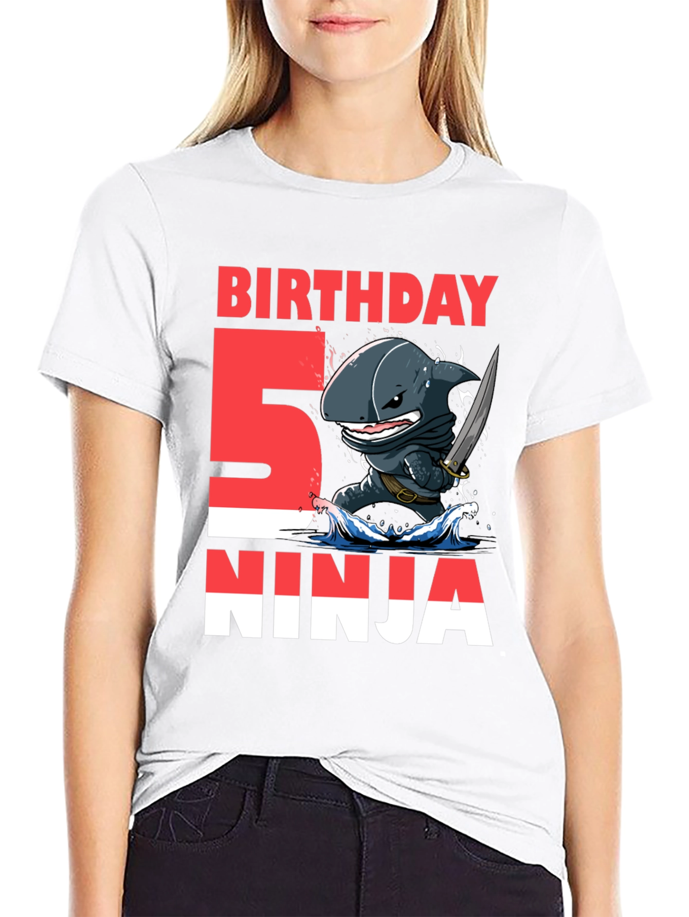 Black 5th Birthday Ninja Shark T-Shirt view 9