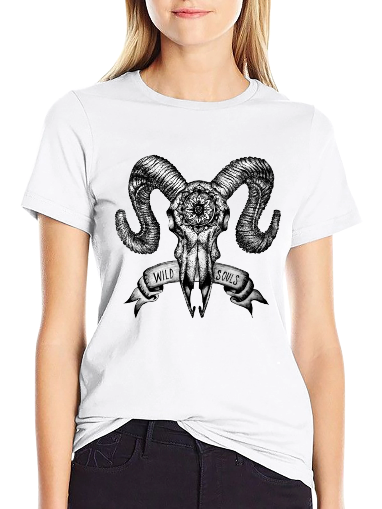Black Wild Souls Ram Skull Graphic Tee view 9