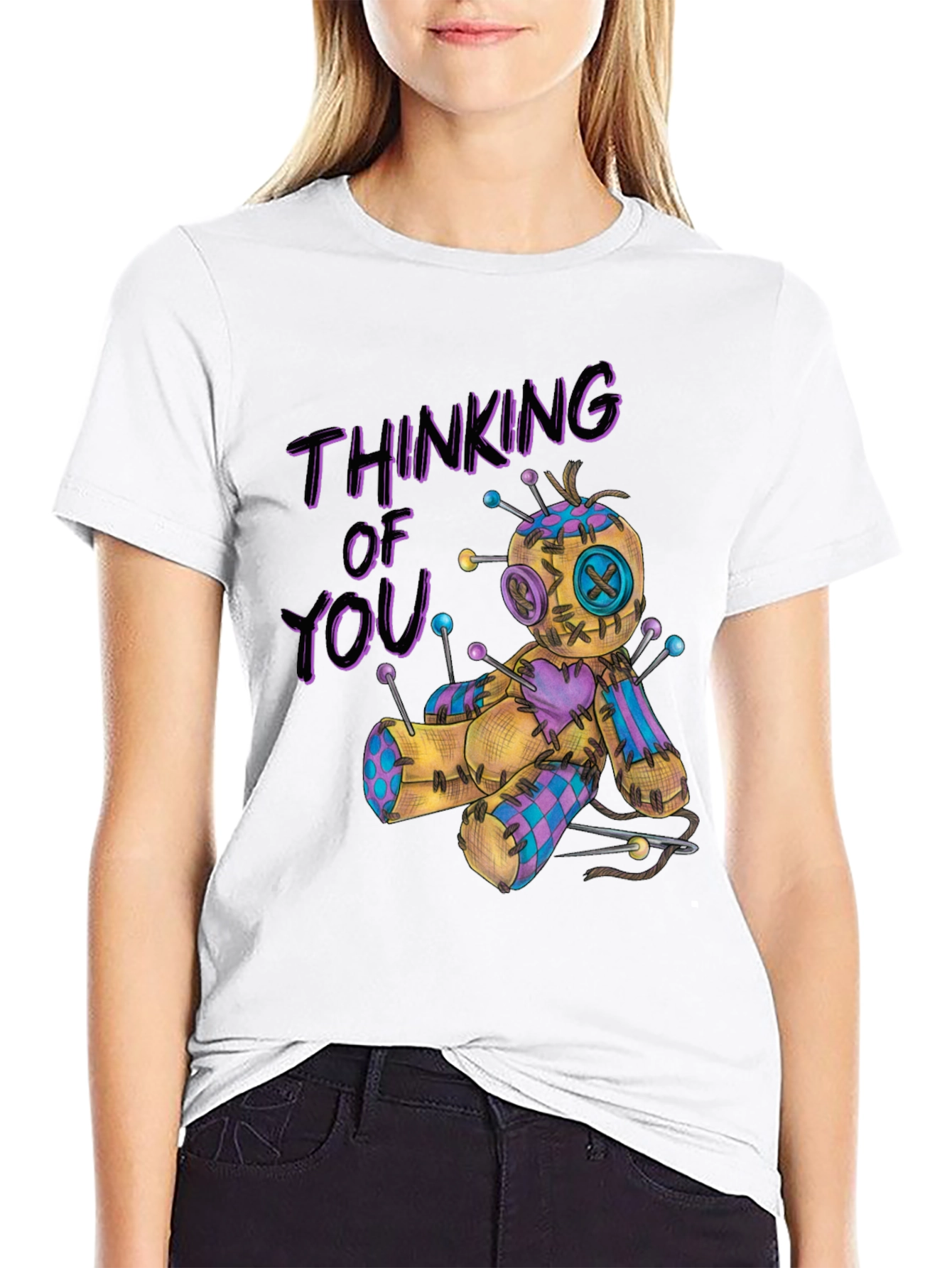 Black Thinking of You Voodoo Doll Graphic T-Shirt view 9