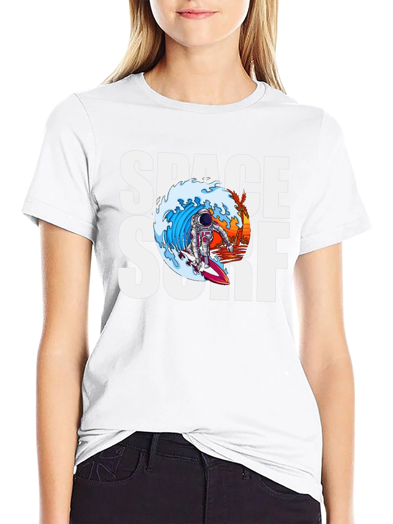 Black Space Surf Graphic Tee - Astronaut Surfing T-Shirt view 9