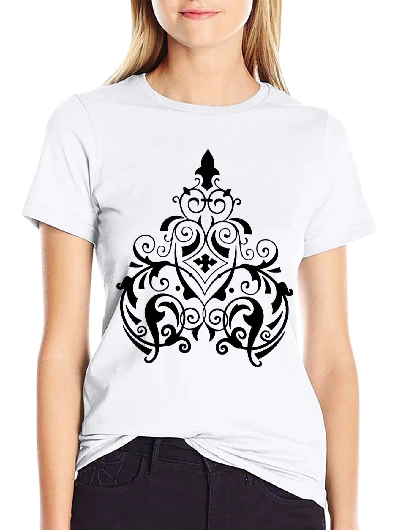 Black Elegant Black Graphic Tee - Ornate Design view 9